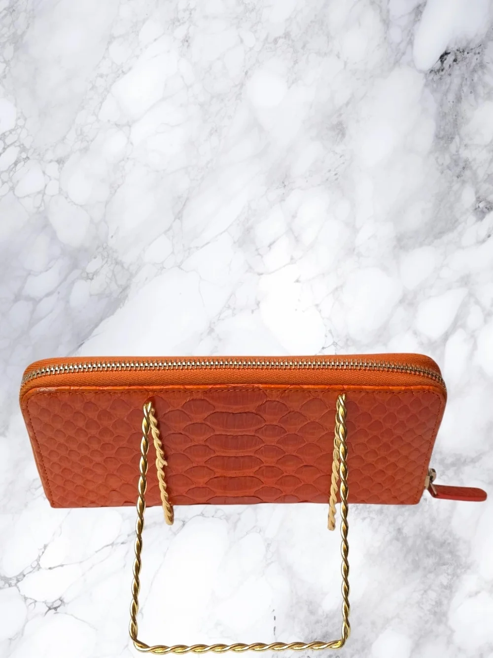 Chanel Burnt Orange Python Snakeskin Zip Around Wallet CC Logo Exotic Leather